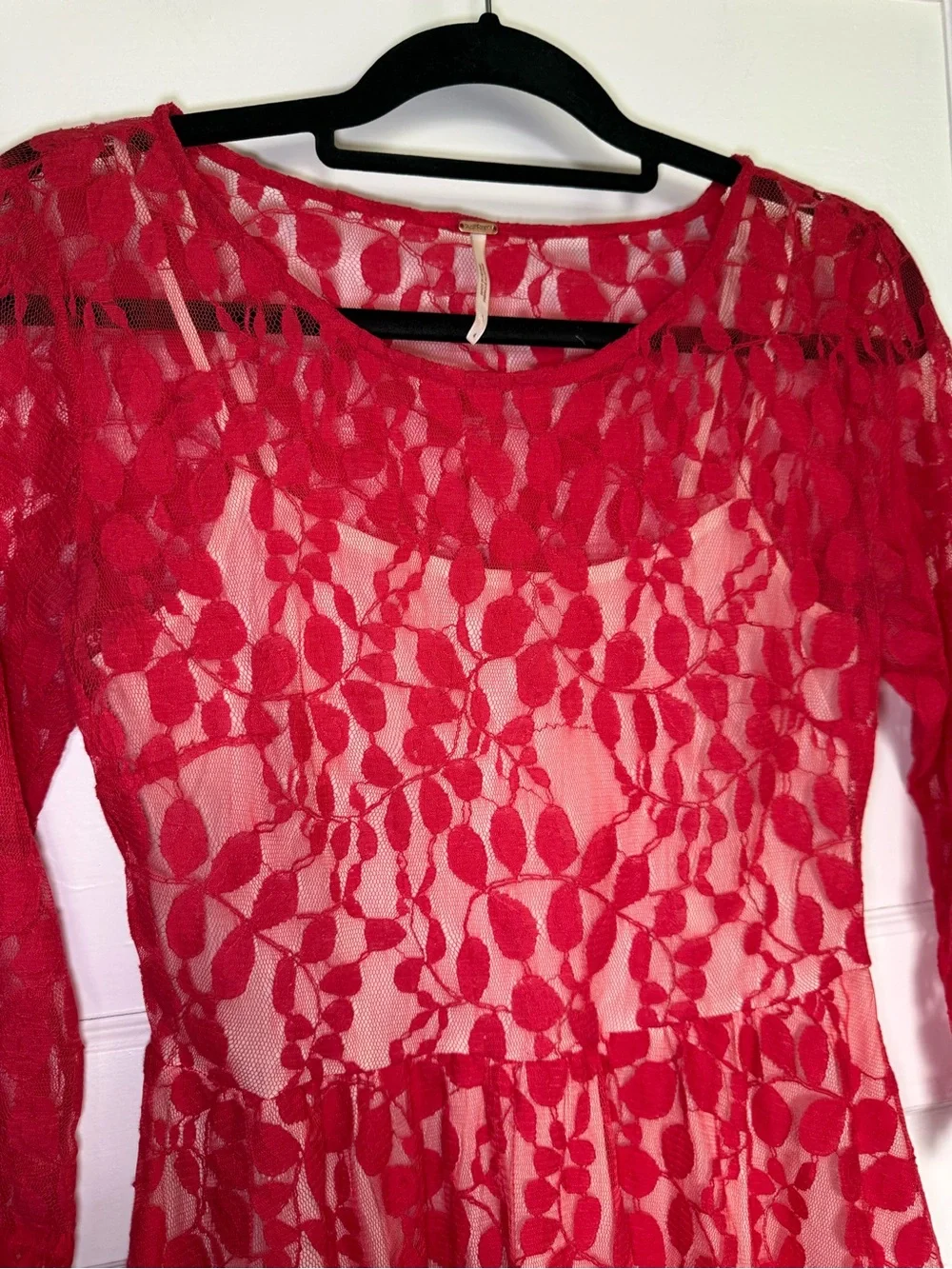 Free People Red Floral Lace Overlay Fit & Flare Dress w/Asymmetrical Hem Boho 4